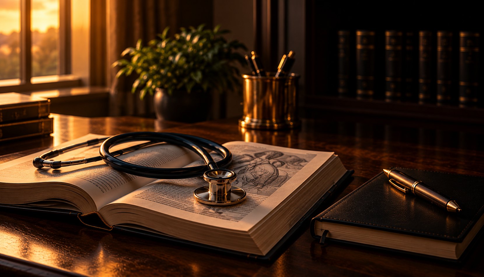Stethoscope resting on an open book