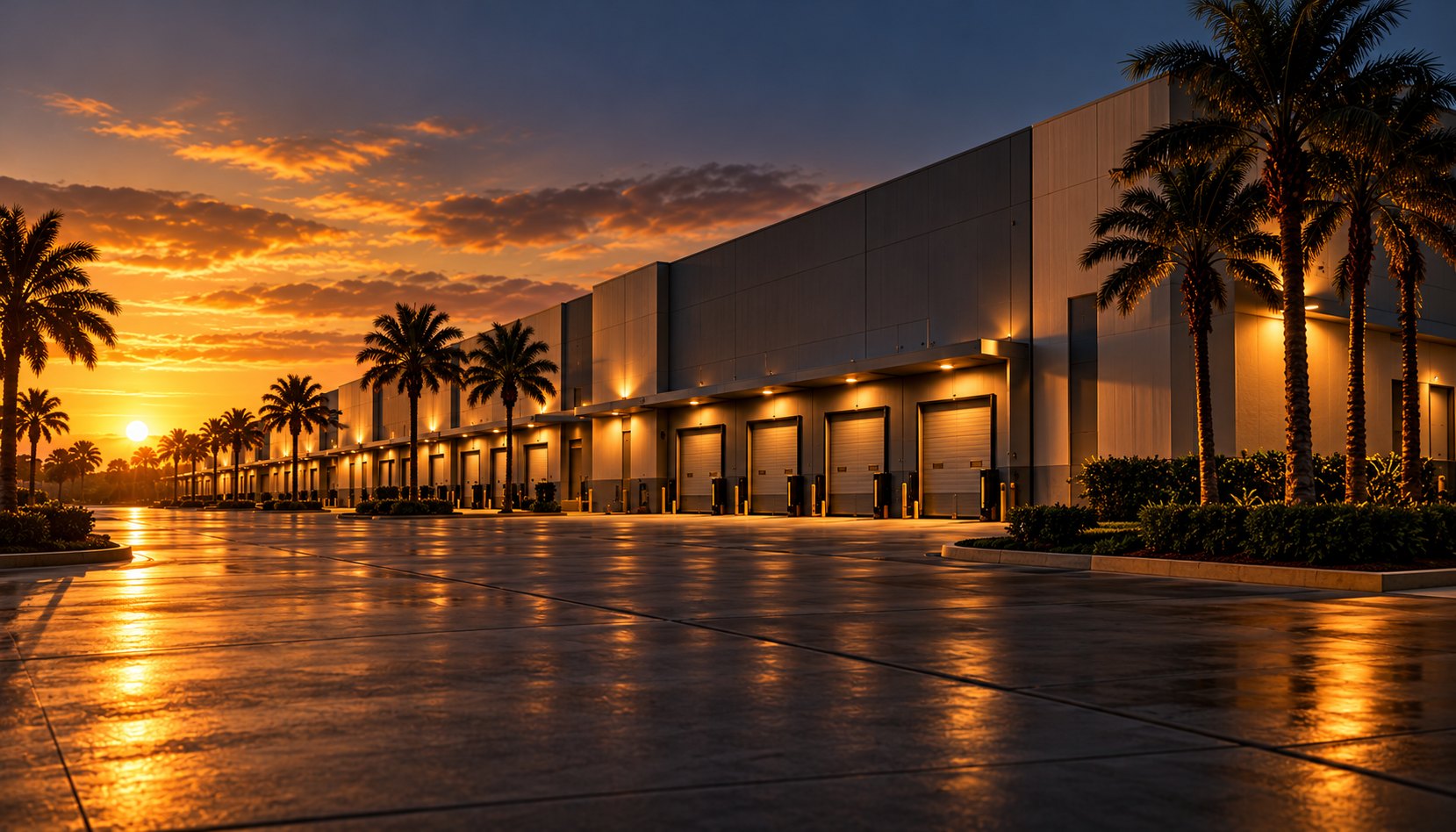 Modern office building with palm trees